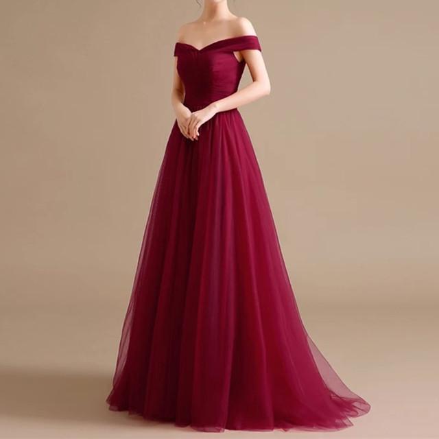 Sexy V Neck Off Shoulder Tulle Long Burgundy Bridesmaid Dresses