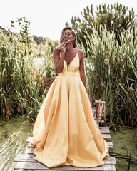 Sexy Spaghetti Straps V-neck Long Empire Prom Dresses