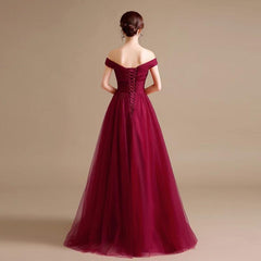 Sexy V Neck Off Shoulder Tulle Long Burgundy Bridesmaid Dresses