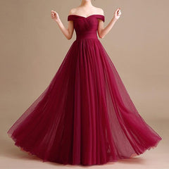 Sexy V Neck Off Shoulder Tulle Long Burgundy Bridesmaid Dresses