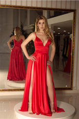 Long Satin V-neck Prom Dresses Double Split Party Gowns
