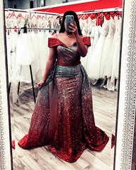 Ombre Sequins V-neck Off Shoulder Mermaid Evening Dresses