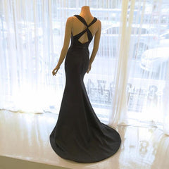 Scoop Neck Long Black Satin Mermaid Evening Dresses 2018