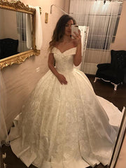 Ivory Lace V-neck Satin Wedding Dresses Ball Gowns 2018