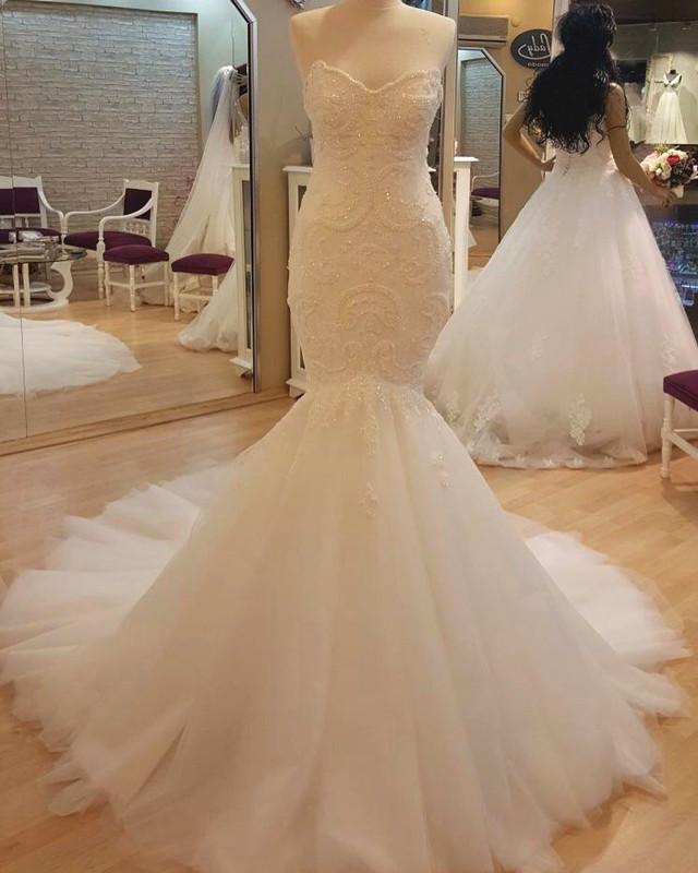 Elegant Lace Embroidery Sweetheart Corset Mermaid Wedding Dresses 2018
