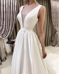 A-line Plunge Neck Floor Length Satin Wedding Dresses