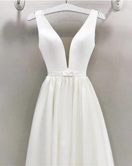 A-line Plunge Neck Floor Length Satin Wedding Dresses