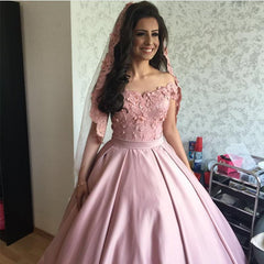 Light Pink Satin Off Shoulder Ball Gown Wedding Dresses Lace Appliques