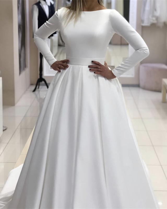 Vintage Long Sleeves Satin Backless Wedding Dresses 2019