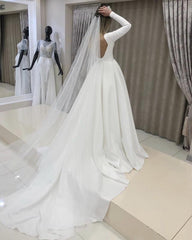 Vintage Long Sleeves Satin Backless Wedding Dresses 2019