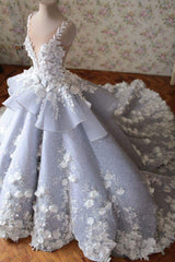 Luxurious Floral Lace Beaded Sweep Train Ball Gown Wedding Dresses 2018