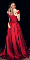 Maroon Satin V-neck Off-the-shoulder Prom Dresses Floor Length Evening Gowns