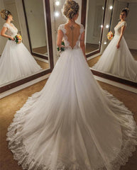 Elegant Lace Cap Sleeves Nude Back Tulle Wedding Dresses Princess 2018