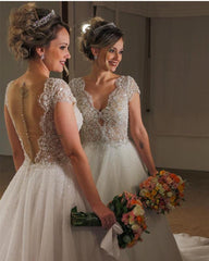 Elegant Lace Cap Sleeves Nude Back Tulle Wedding Dresses Princess 2018