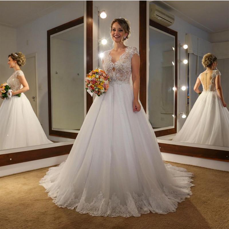 Elegant Lace Cap Sleeves Nude Back Tulle Wedding Dresses Princess 2018