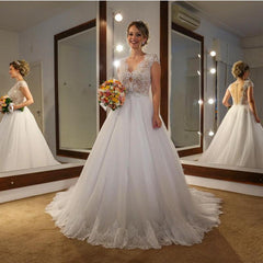 Elegant Lace Cap Sleeves Nude Back Tulle Wedding Dresses Princess 2018