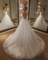 Elegant Lace Cap Sleeves Nude Back Tulle Wedding Dresses Princess 2018