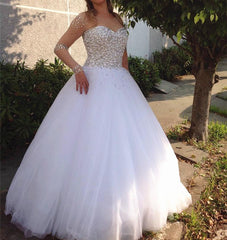 A Line Pearl And Crystal Beaded Long Sleeves Wedding Dresses 2018