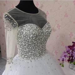 A Line Pearl And Crystal Beaded Long Sleeves Wedding Dresses 2018