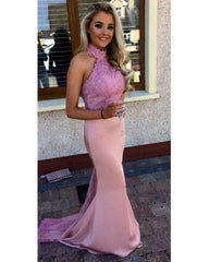 Pink Lace Halter Long Jersey Mermaid Bridesmaid Dresses Backless