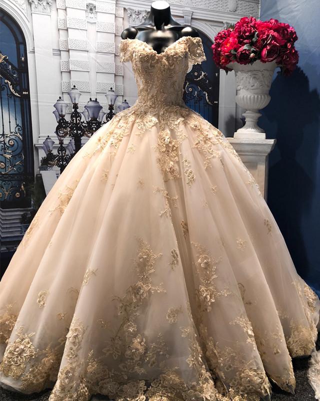 Light Champagne Tulle Ball Gowns Wedding Dresses Lace V-neck Off-the-shoulder
