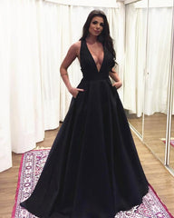 Sexy Plunge V-neck Long Satin Prom Dresses 2018 Backless Evening Gowns