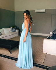 Spaghetti Straps V-neck Long Chiffon Backless Bridesmaid Dresses