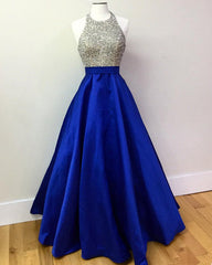 Beaded Halter Long Satin Open Back Prom Dresses 2022