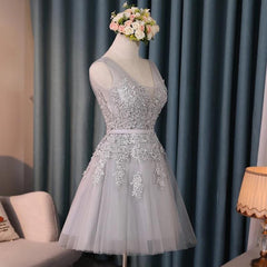 Silver Tulle V Neck Cocktail Party Dresses For Wedding