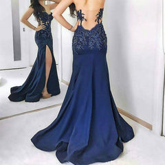 Navy Blue Lace Appliques Sweetheart Mermaid Evening Gowns With Leg Slit
