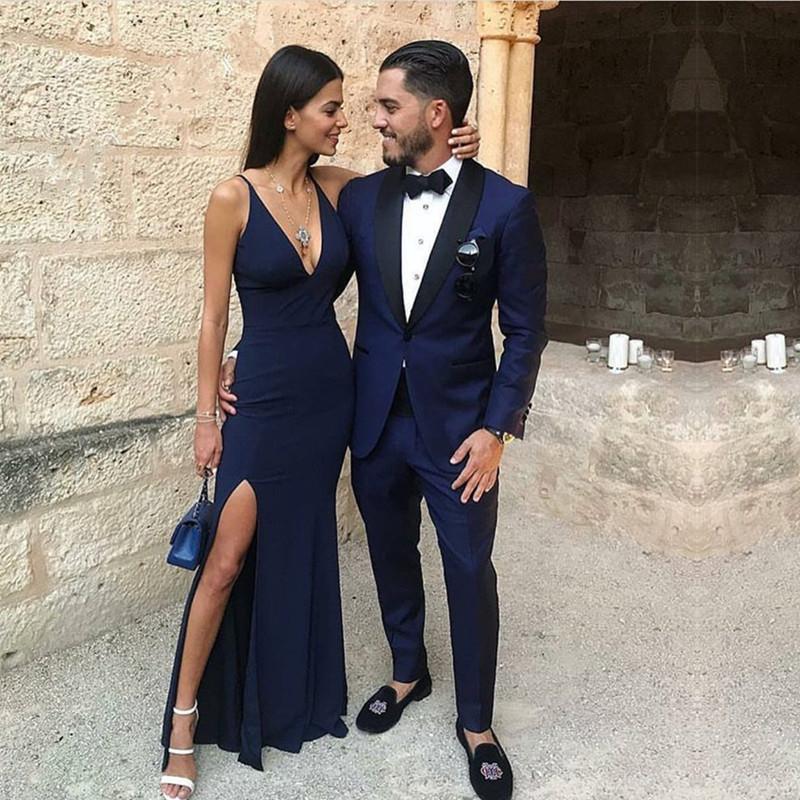 Navy Blue Chiffon Long Mermaid Prom Dresses 2018 Formal Evening Gowns With Slit