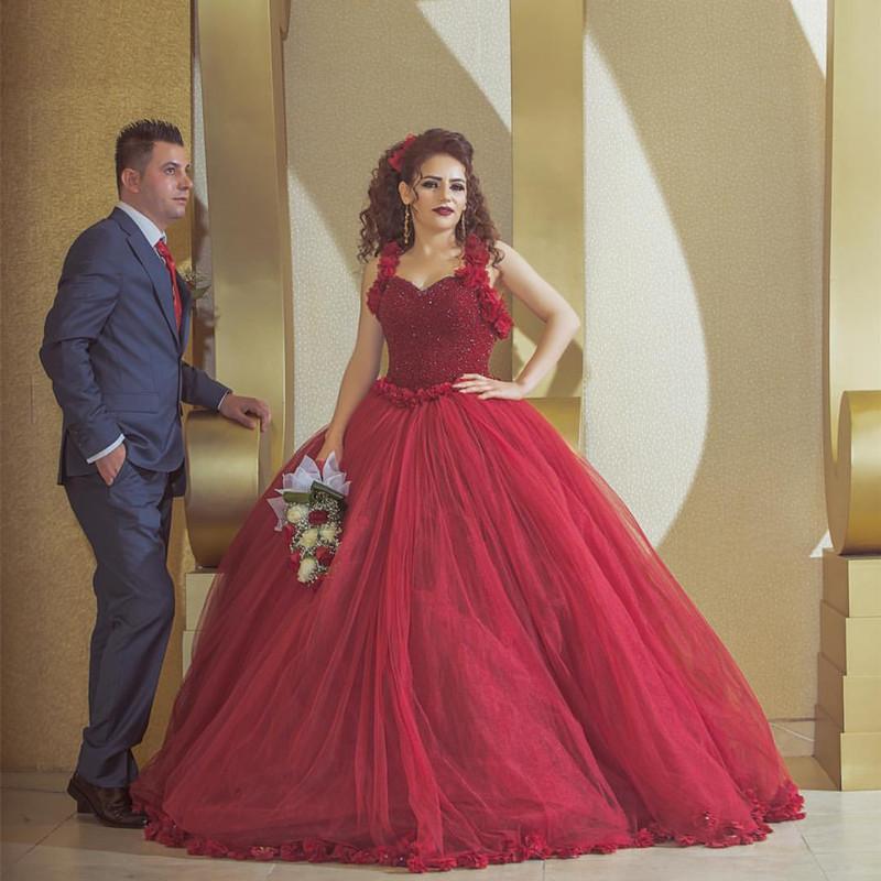 Burgundy Flower Wedding Dresses Ball Gowns Crystal Beaded Bodice Corset