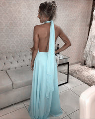 Baby Blue Chiffon Halter Prom Dresses Long Backless Evening Gowns