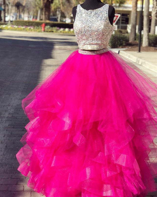 Sequins Beaded Keyhole Back Ruffles Prom Two Piece Dresses