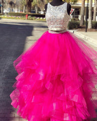 Sequins Beaded Keyhole Back Ruffles Prom Two Piece Dresses
