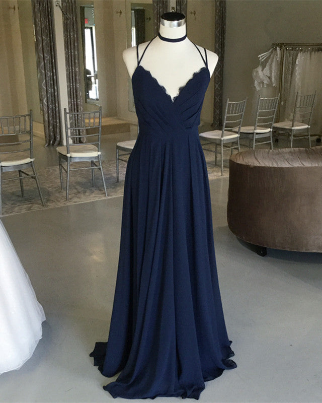 Navy Blue Chiffon Backless Bridesmaid Long Dresses Lace Appliques