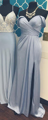 Long Chiffon V-neck Off Shoulder Formal Dresses Leg Slit Bridesmaid Dress