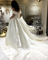 Elegant Off The Shoulder Sweep Train Satin Wedding Dresses Lace Embroidery