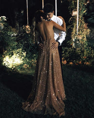Long Sequins Evening Dresses Plunge V-neck Prom Gowns