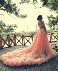Peach Lace Long Sleeves Mermaid Prom Dresses Removable Skirt