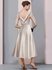 A-Line Mother of the Bride Dress Wedding Guest Vintage Elegant Scoop Neck Tea Length Satin Lace - RongMoon