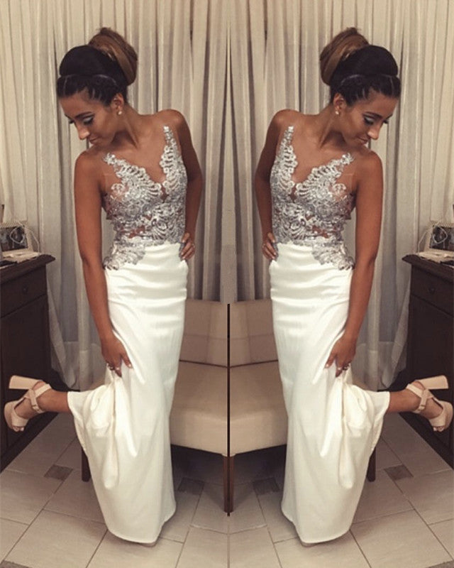 Ivory Mermaid Prom Dresses Appliques Open Back