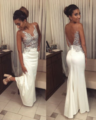 Ivory Mermaid Prom Dresses Appliques Open Back
