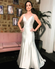 Simple Ivory Satin Mermaid Wedding Dress V Neck Appliques