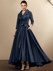 A-Line Mother of the Bride Dress Plus Size Elegant High Low Shirt Collar Asymmetrical Floor Length Satin - RongMoon