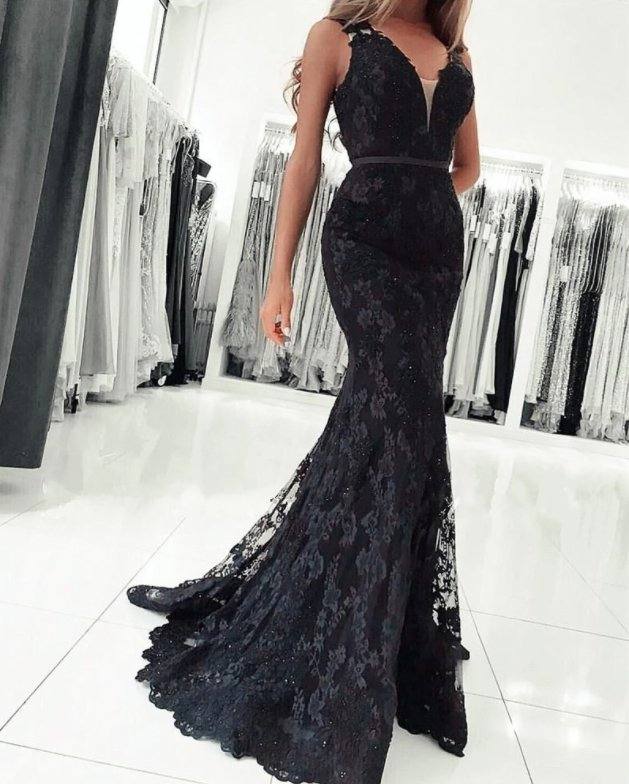 Black Robe De Soiree Mermaid V-neck Appliques Lace Beaded See Through Sexy Long Prom Dresses Prom Gown Evening Dresses - RongMoon