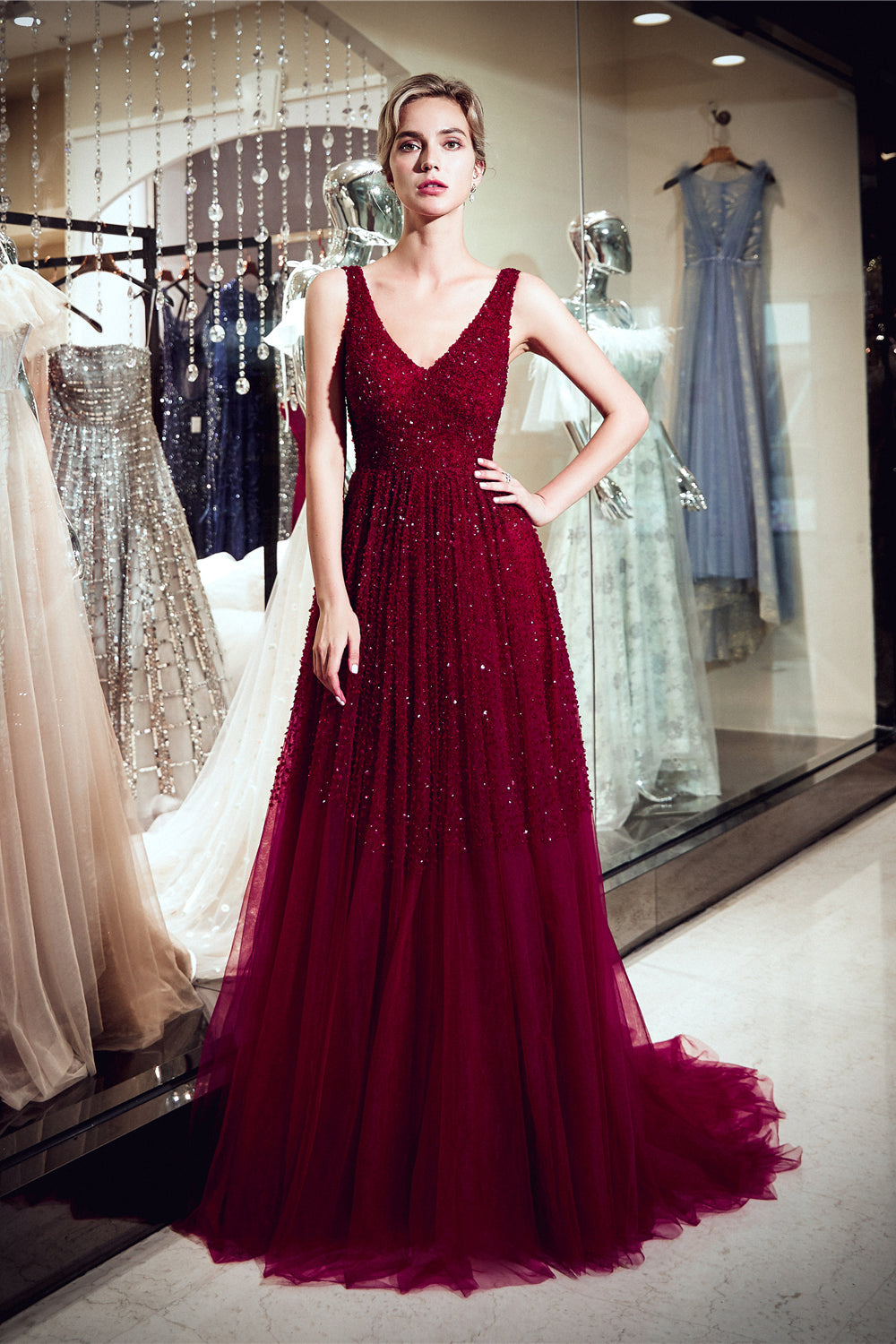 V-Neck Sweep Train Prom Dresses with Beaded