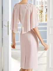 Sheath / Column Mother of the Bride Dress Elegant Jewel Neck Knee Length Chiffon Short Sleeve with Appliques Split Front - RongMoon