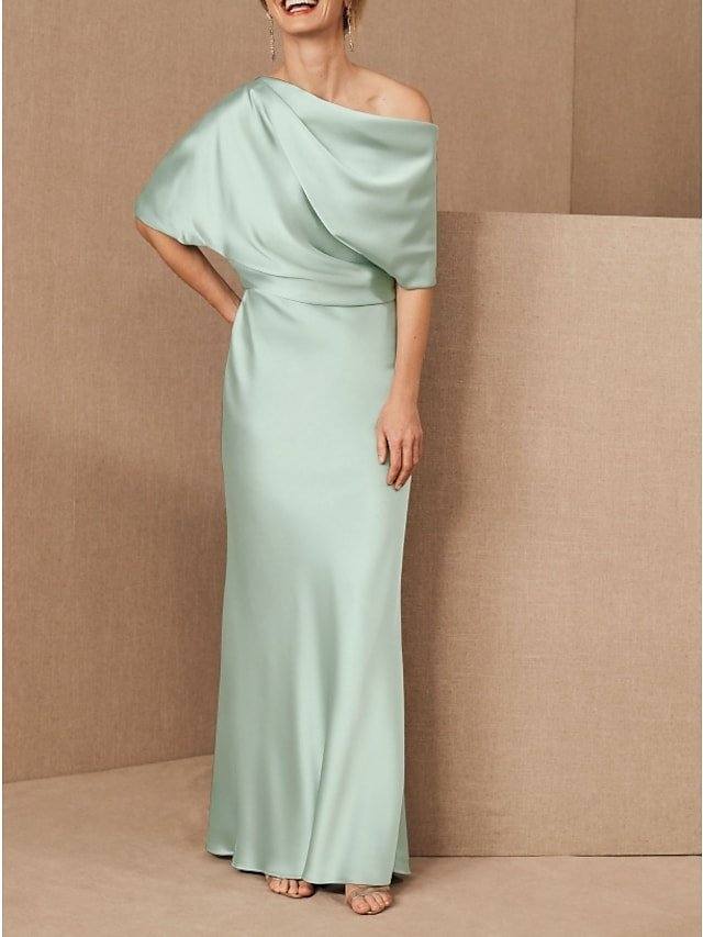 Sheath / Column Mother of the Bride Dress Elegant One Shoulder Floor Length Charmeuse Half Sleeve with Draping - RongMoon