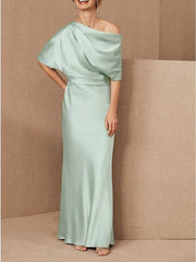 Sheath / Column Mother of the Bride Dress Elegant One Shoulder Floor Length Charmeuse Half Sleeve with Draping - RongMoon